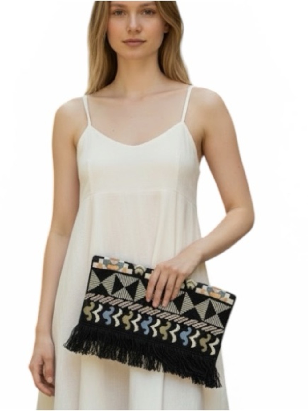 STELLA & Dot Taj Fabric Clutch in Aztec Print with Fringe
